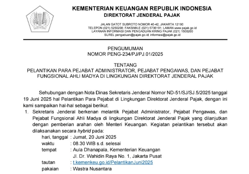 Hari ini DJP Lantik Ratusan Pejabat Administrator, Pengawas hingga Fungsional