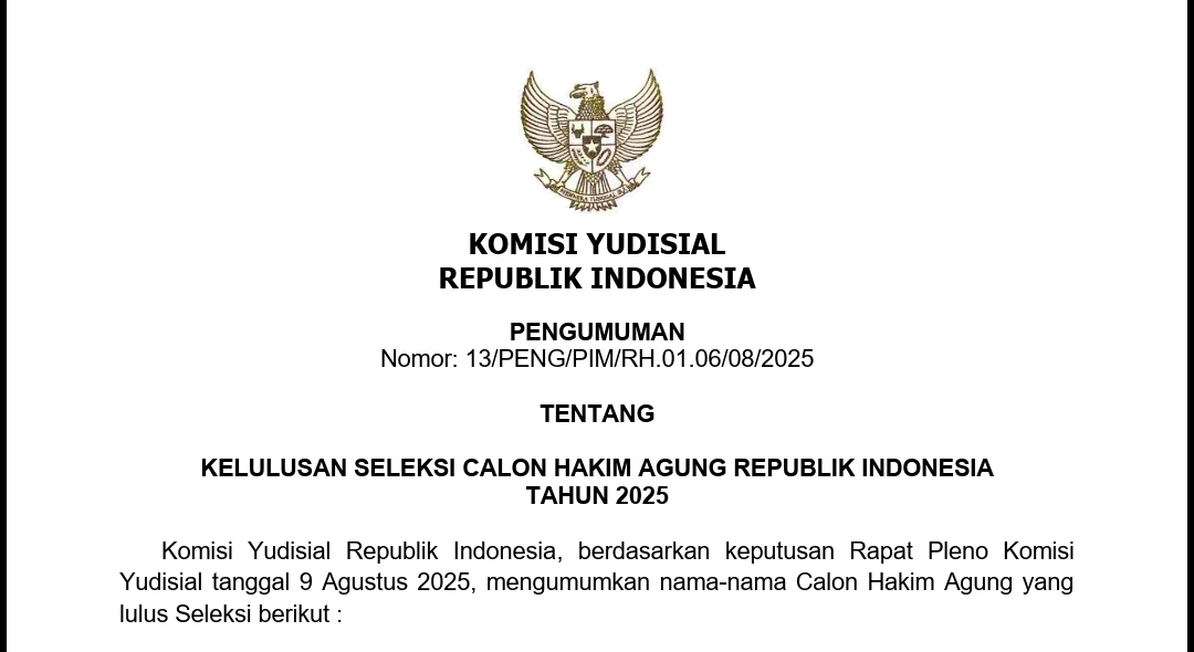 Tiga Calon Hakim Agung Khusus Pajak Lolos Seleksi KY 2025