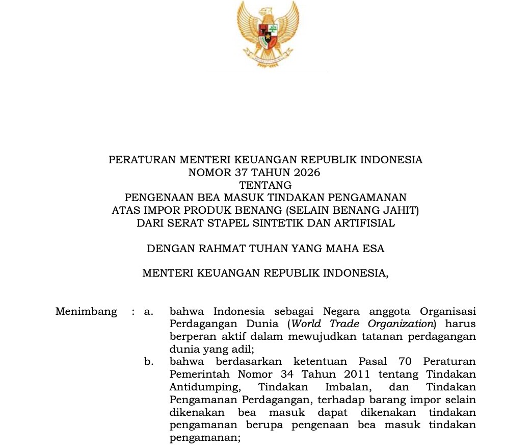 Purbaya Tetapkan Bea Masuk Pengamanan Benang Sintetik Rp 324 per Kg