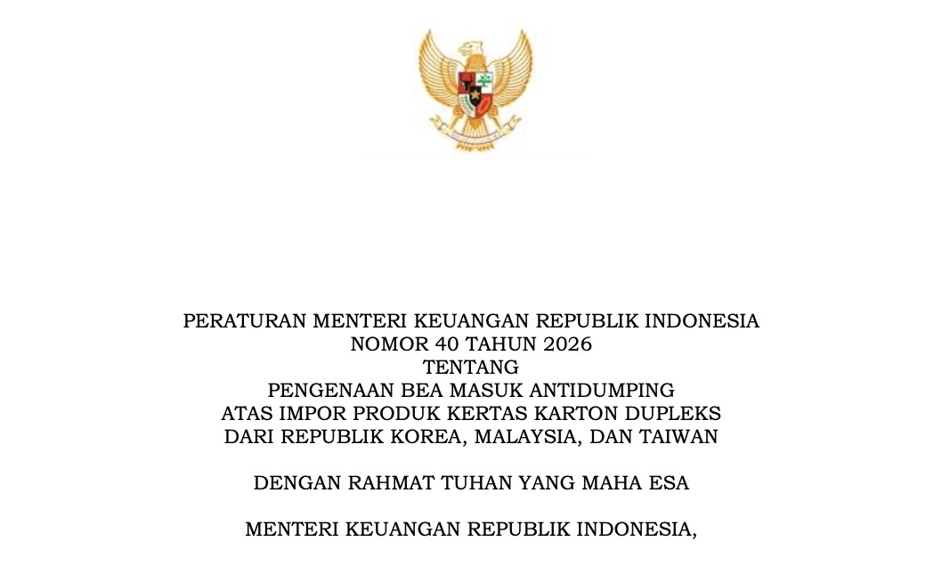 Pemerintah Resmi Kenakan Bea Masuk Antidumping Kertas Dupleks dari Tiga Negara