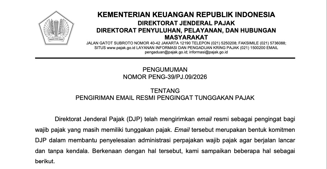 DJP Mulai Kirim Email Pengingat Tunggakan Pajak ke Wajib Pajak