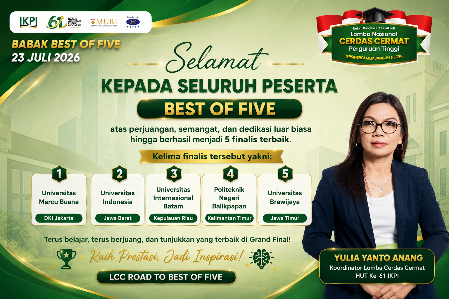Lima Perguruan Tinggi Siap Berebut Gelar Juara LCC Nasional HUT ke-61 IKPI